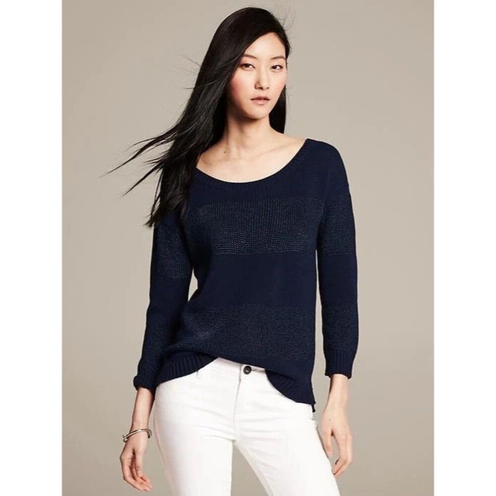 Banana Republic XS Metallic Striped Sweater Navy Blue Long Sleeve Wool Blend
